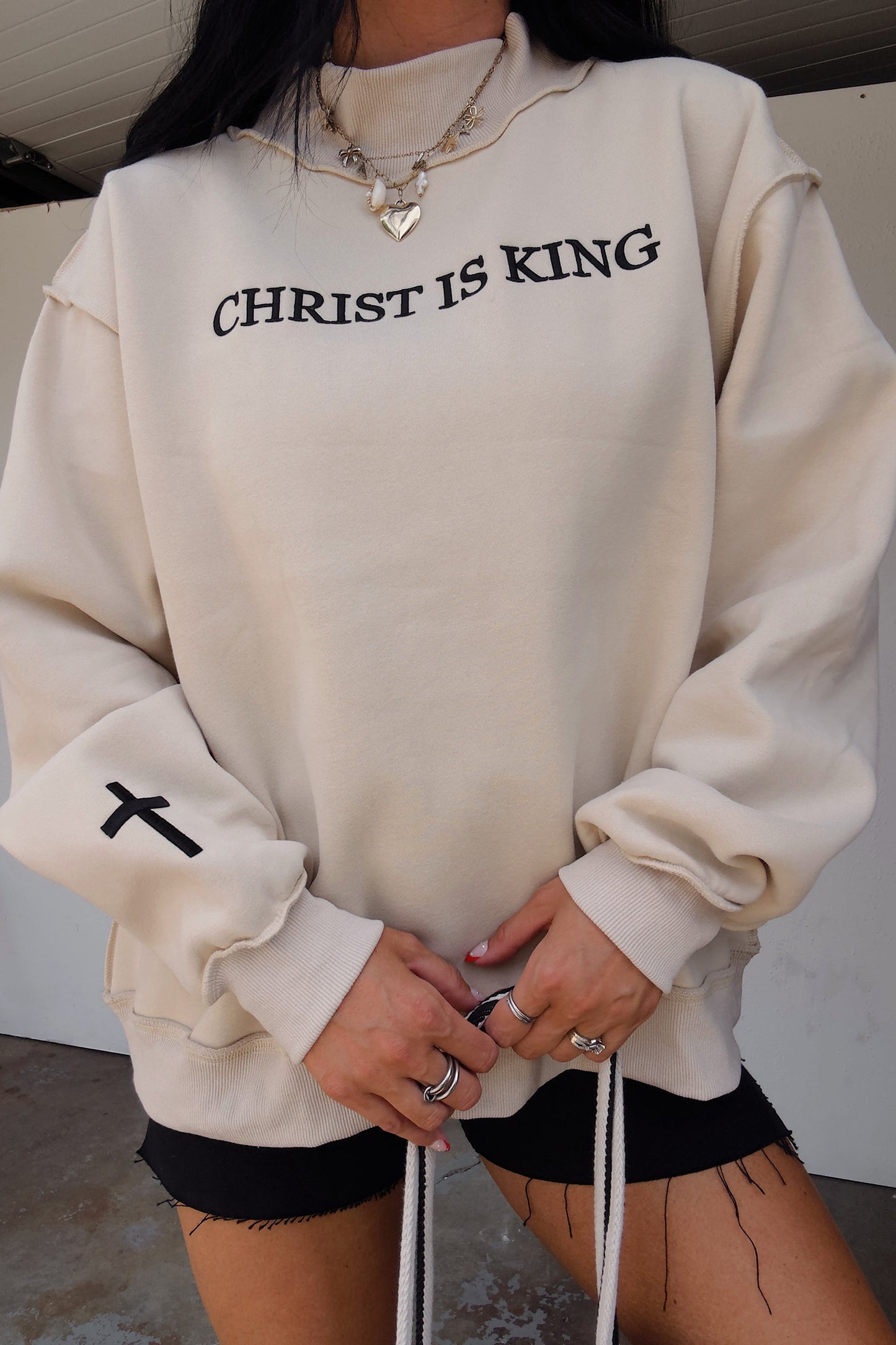 Beige CHRIST IS KING Embroidery High Neck Baggy Sweatshirt