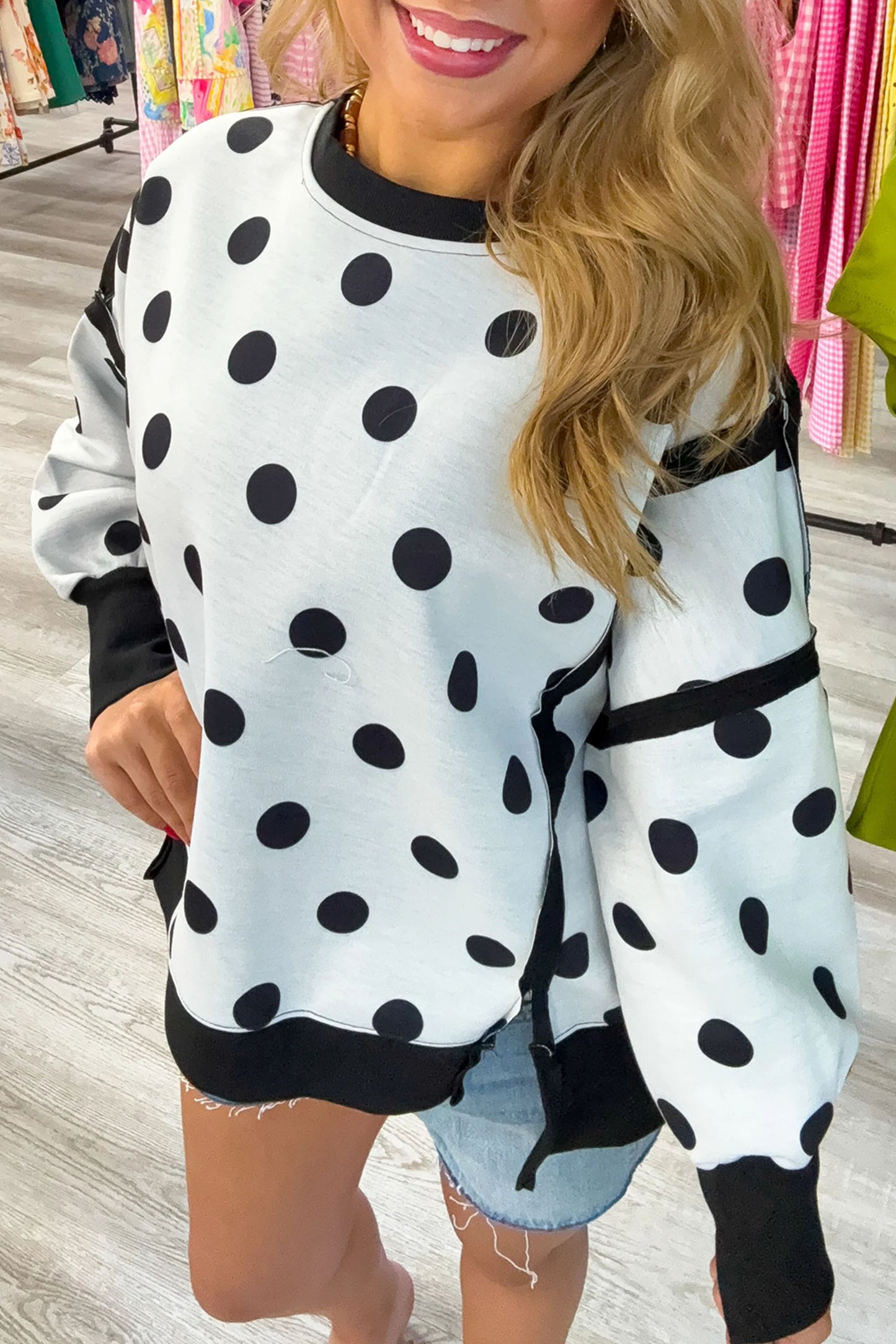 White Polka Dot Contrast Patchwork Round Neck Baggy Sweatshirt