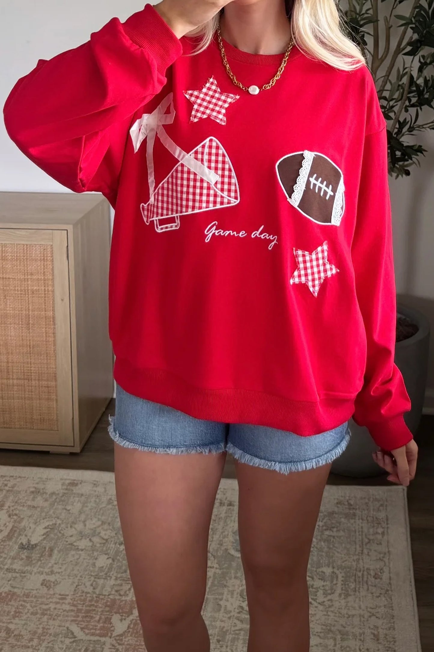 Black Gingham Patch Embroidered Rugby Game Day Stars Sweatshirt