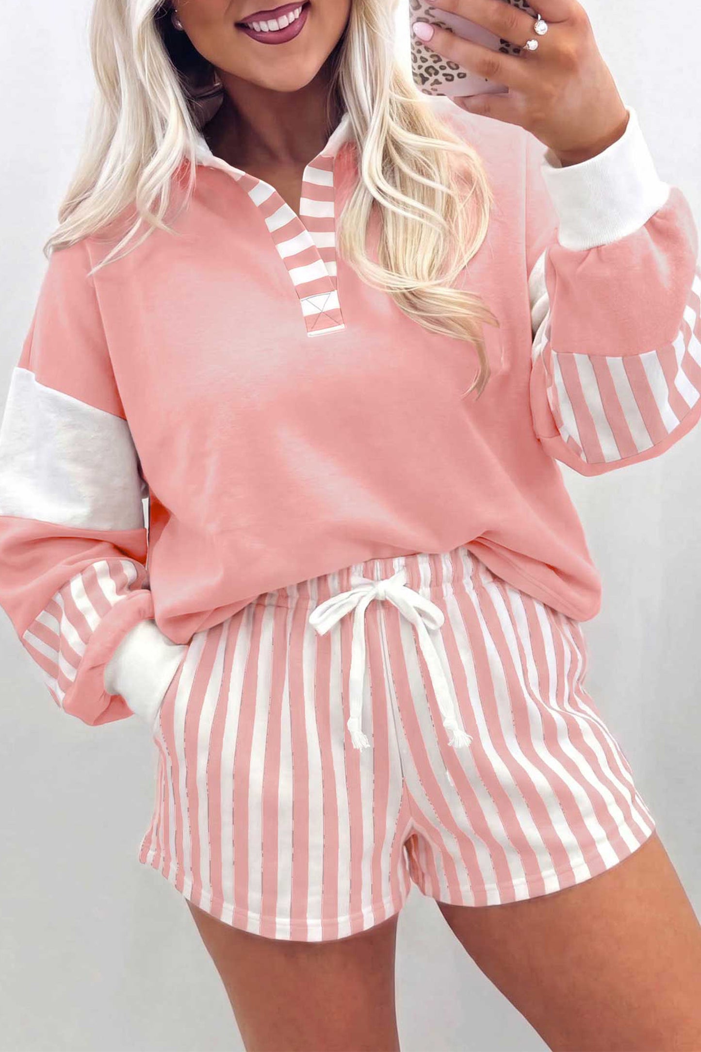 Smoke Green Striped Color Block Pullover Top Drawstring Shorts Set