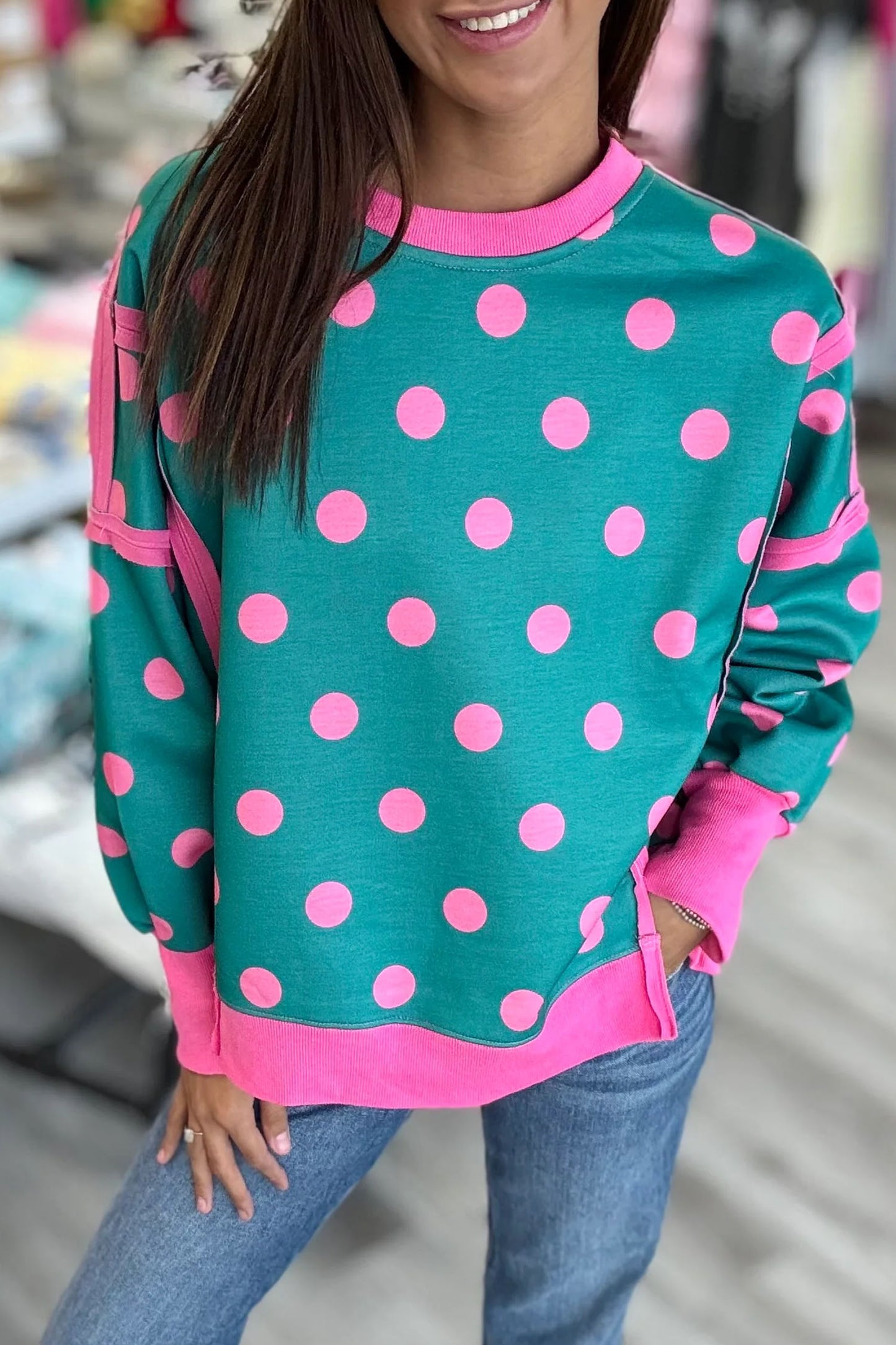 Blue Polka Dot Contrast Patchwork Round Neck Baggy Sweatshirt