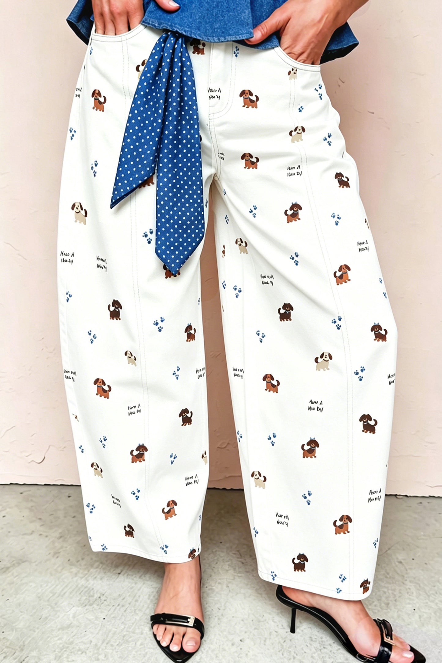White Abstract Dog Print Wide Leg Full-Length Jeans