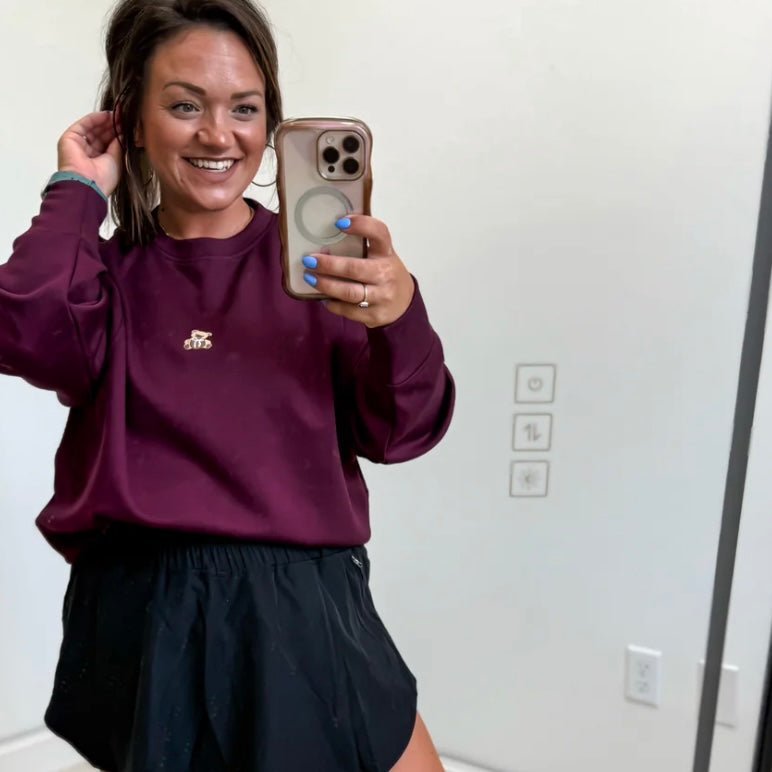 BIRDIE Teddy Bear Embroidered Maroon Scuba Hoodie-ready to ship