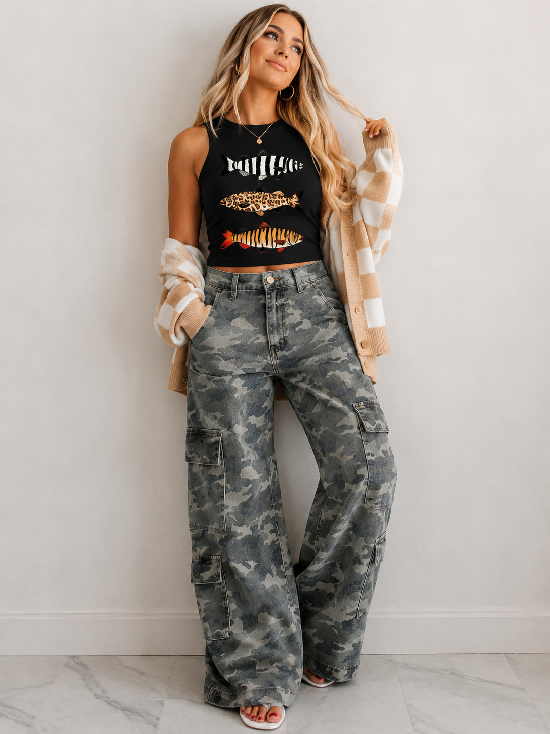 Green Camo Denim Cargo Wide Leg Pants pre order