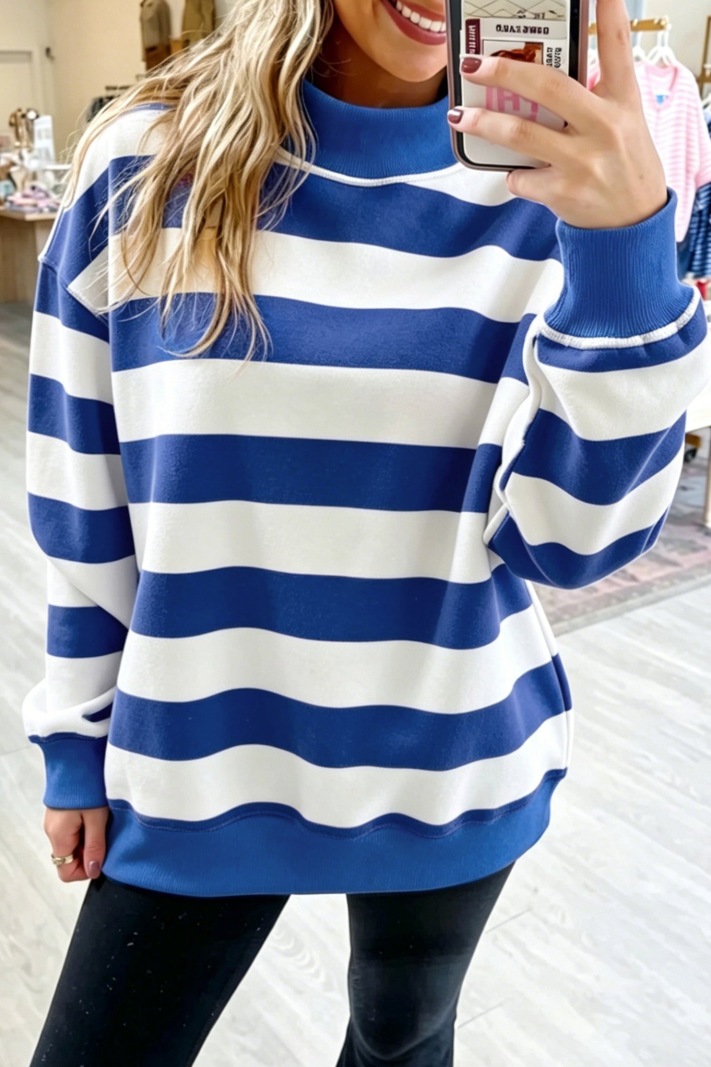 Rose Stripe Colorblock Mock Neck Relaxed Sweatshirt