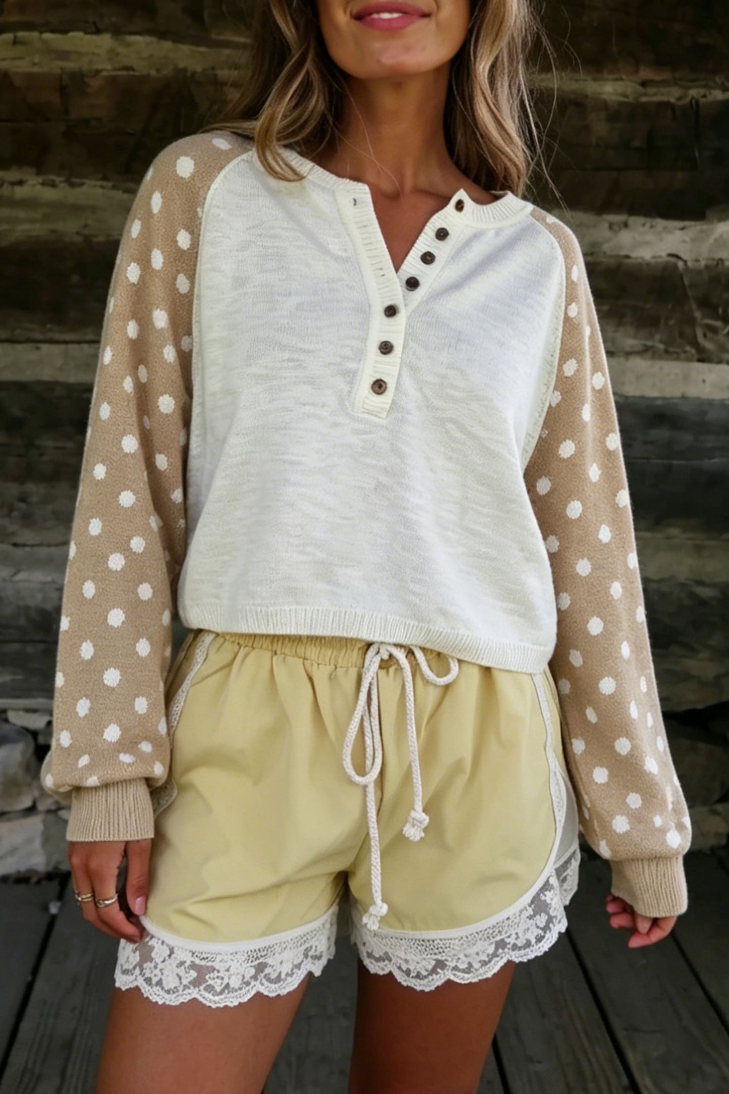 Khaki Polka Dot Contrast Long Sleeve Button V Neck Sweater