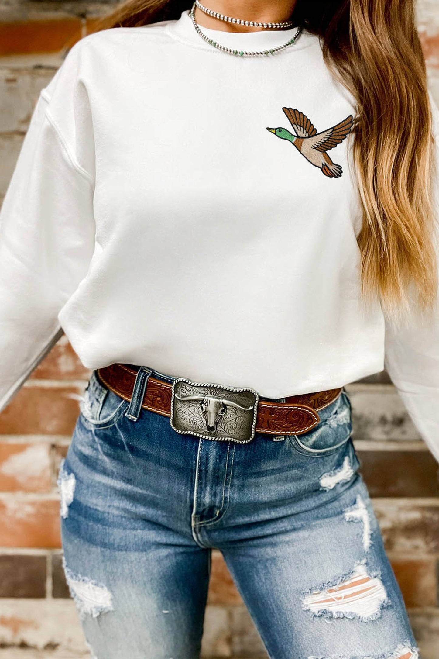 White Mallard Embroidered Detail Relaxed Pullover Sweatshirt