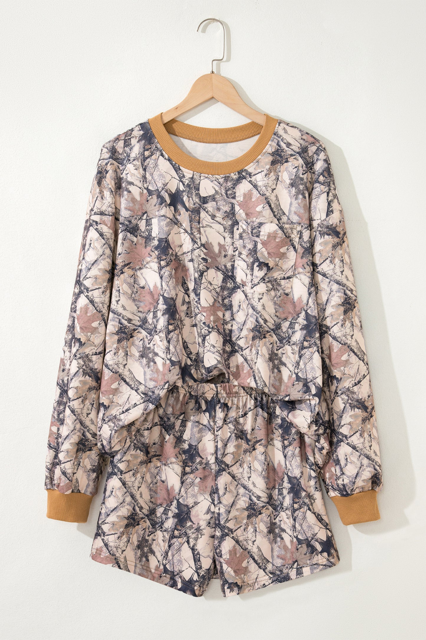 Khaki Camo Long Sleeve Pullover Shorts Set