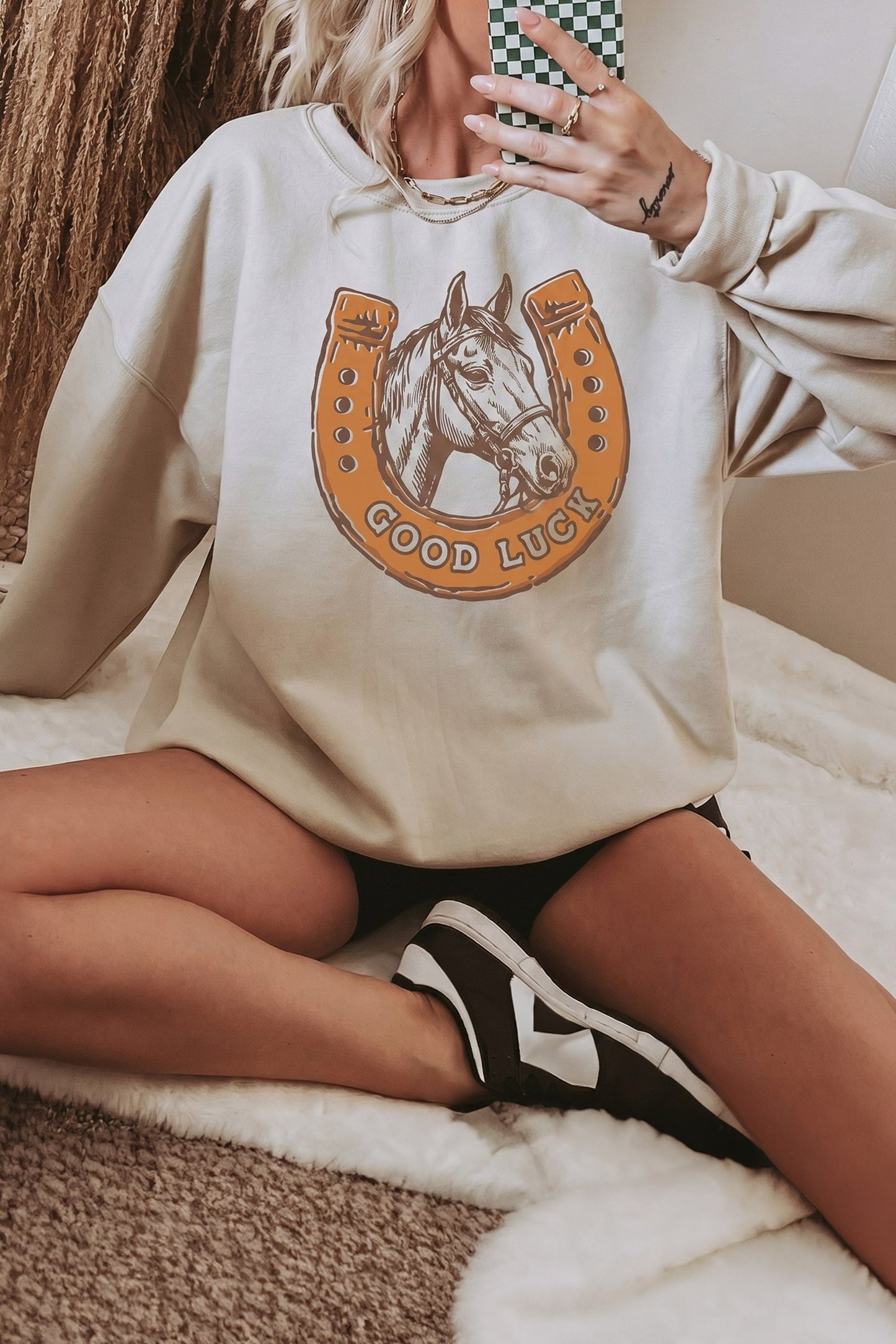 Beige GOOD LUCK Western Horse Print Oversized Pullover Sweatshirt