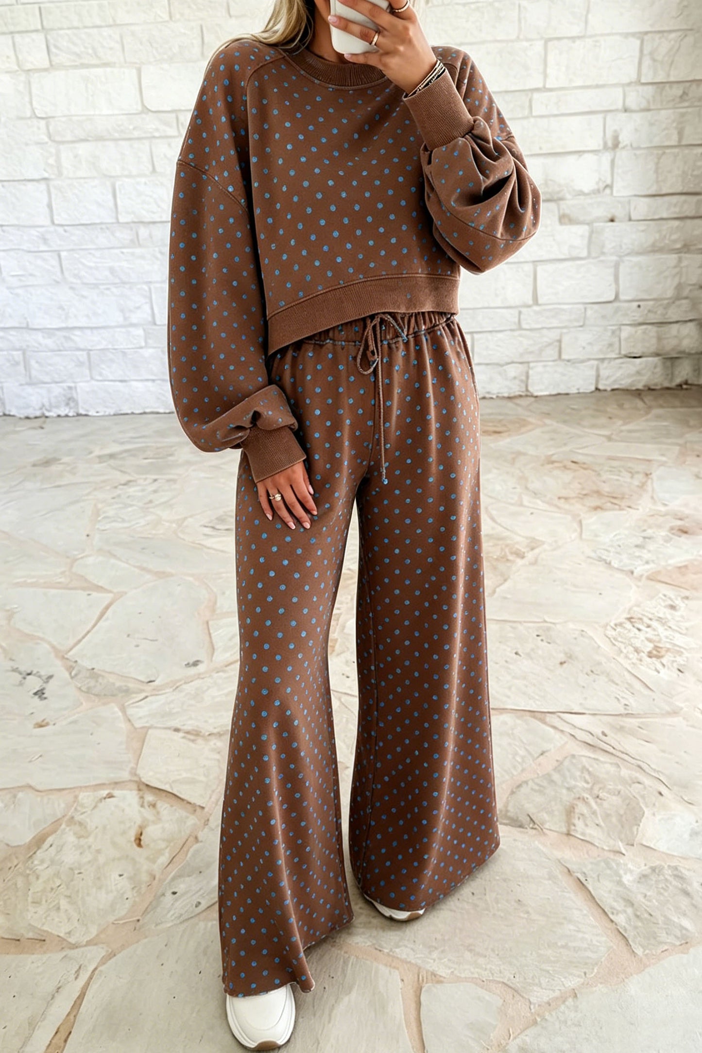 Red Polka Dot Drawstring Wide Leg Long Sleeve Top Pant Set