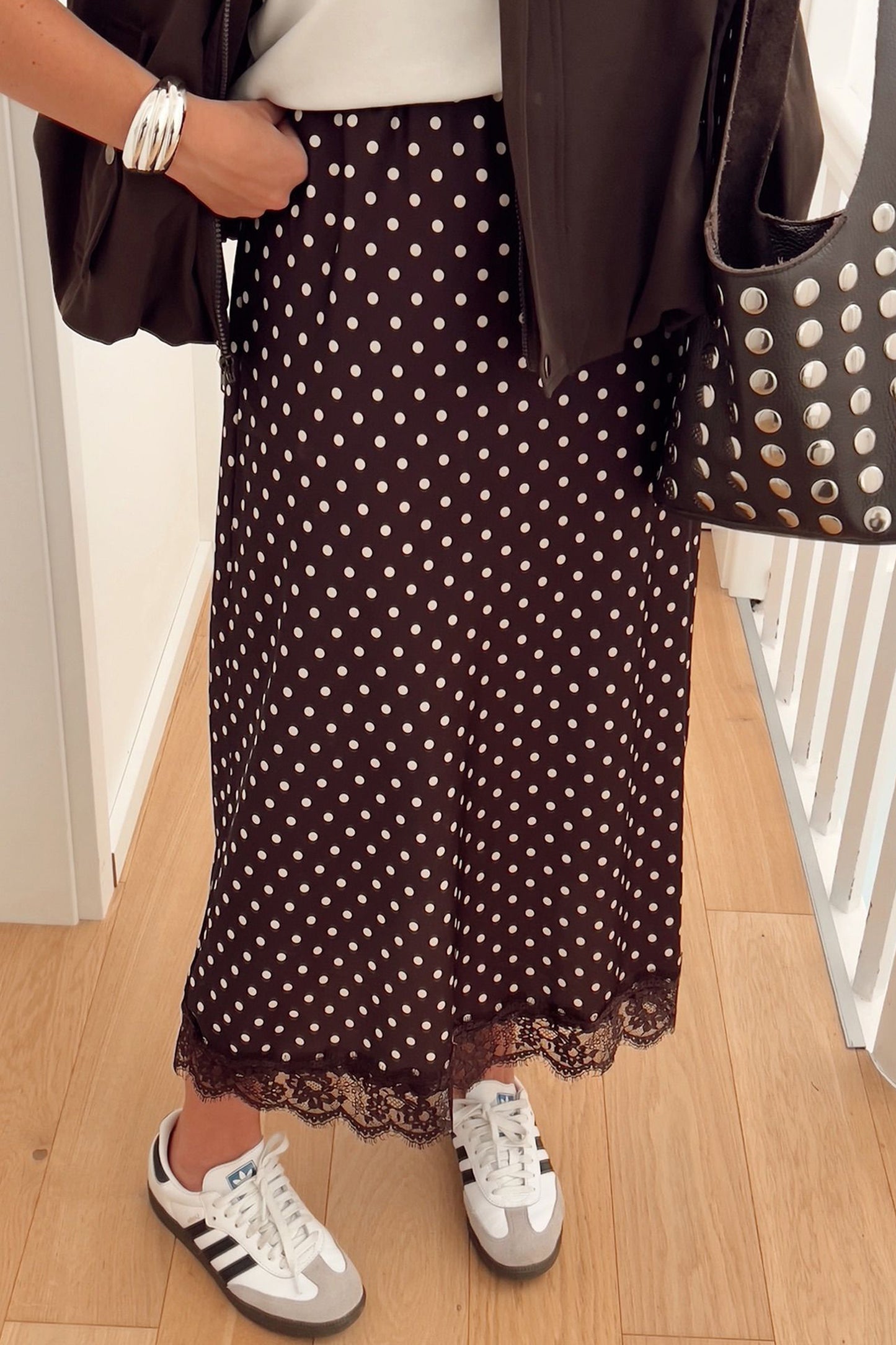 Khaki Polka Dot Lace Hem Elegant Long Shift Skirt