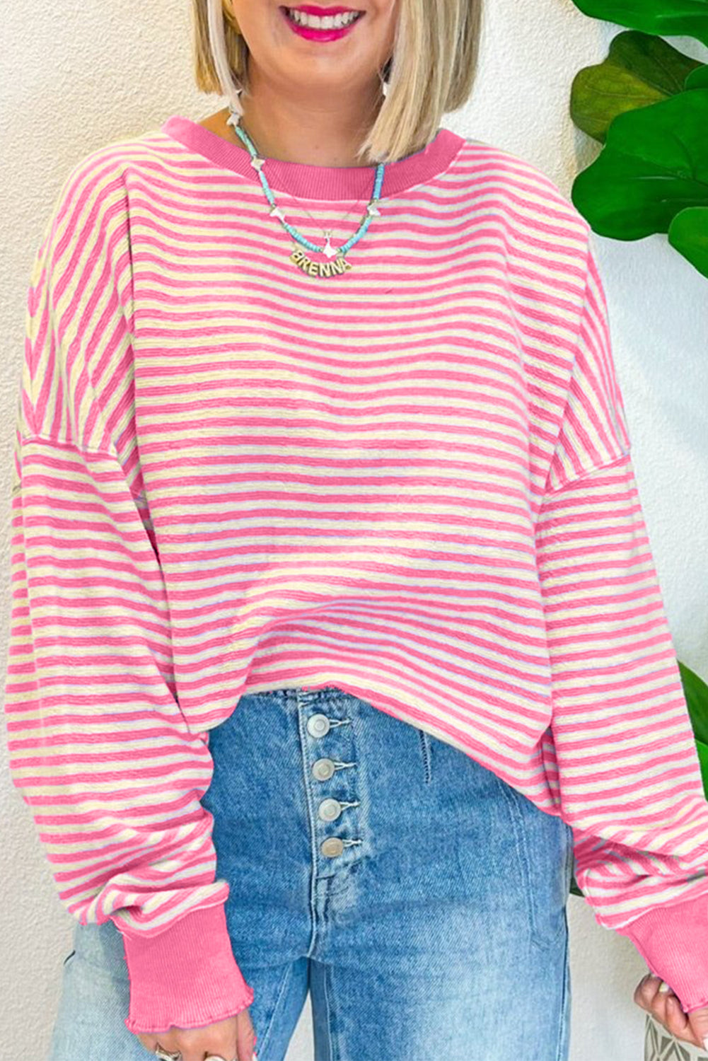 Pink Stripe Drop Shoulder Long Sleeve Top