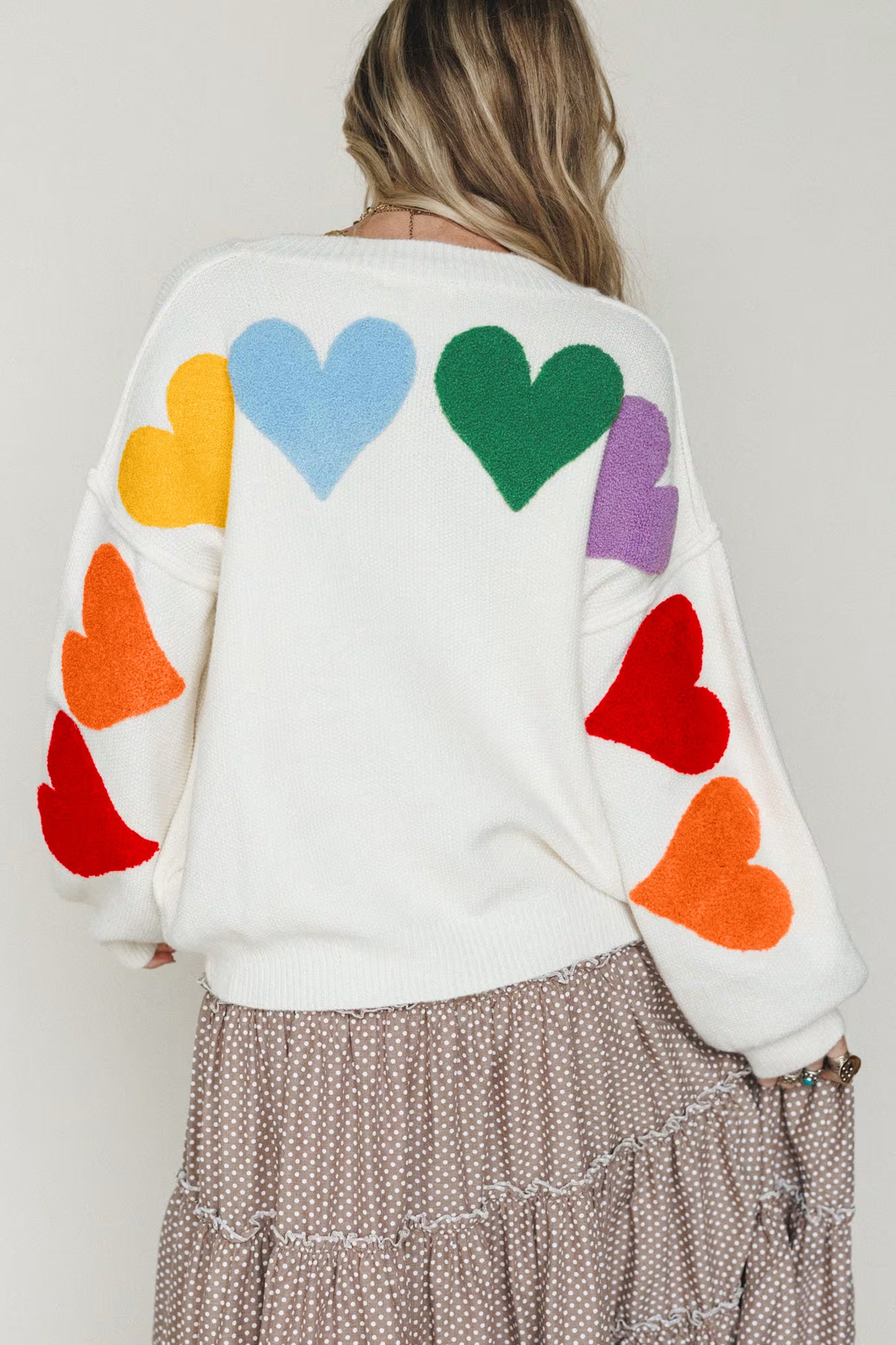 White V Neck Drop Shoulder Button Up Slogan Knit Cardigan