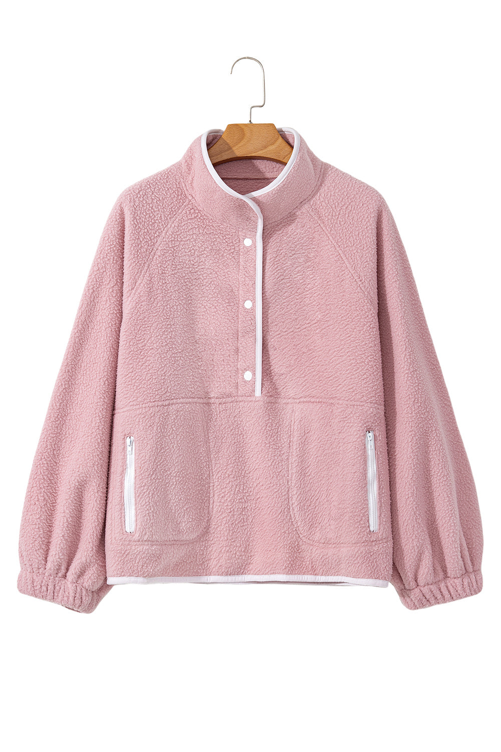 Fushia High Collar Long Sleeve Pocket Pullover Sweatshirt