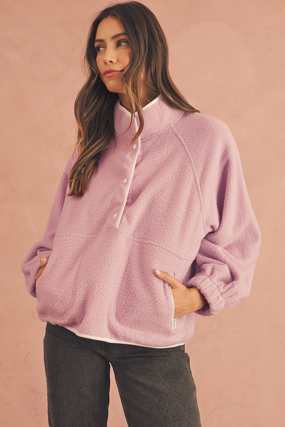 Fushia High Collar Long Sleeve Pocket Pullover Sweatshirt