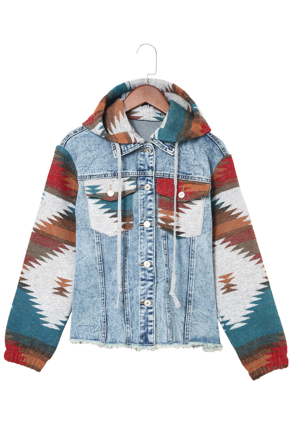 Multicolor Geometric Print Frayed Hem Denim Jacket