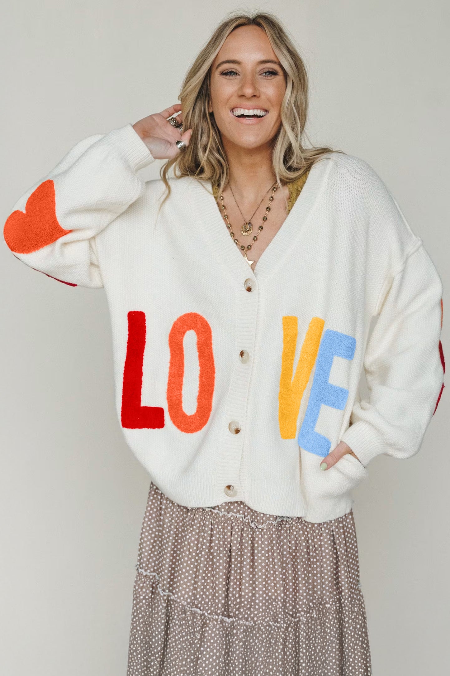 White V Neck Drop Shoulder Button Up Slogan Knit Cardigan