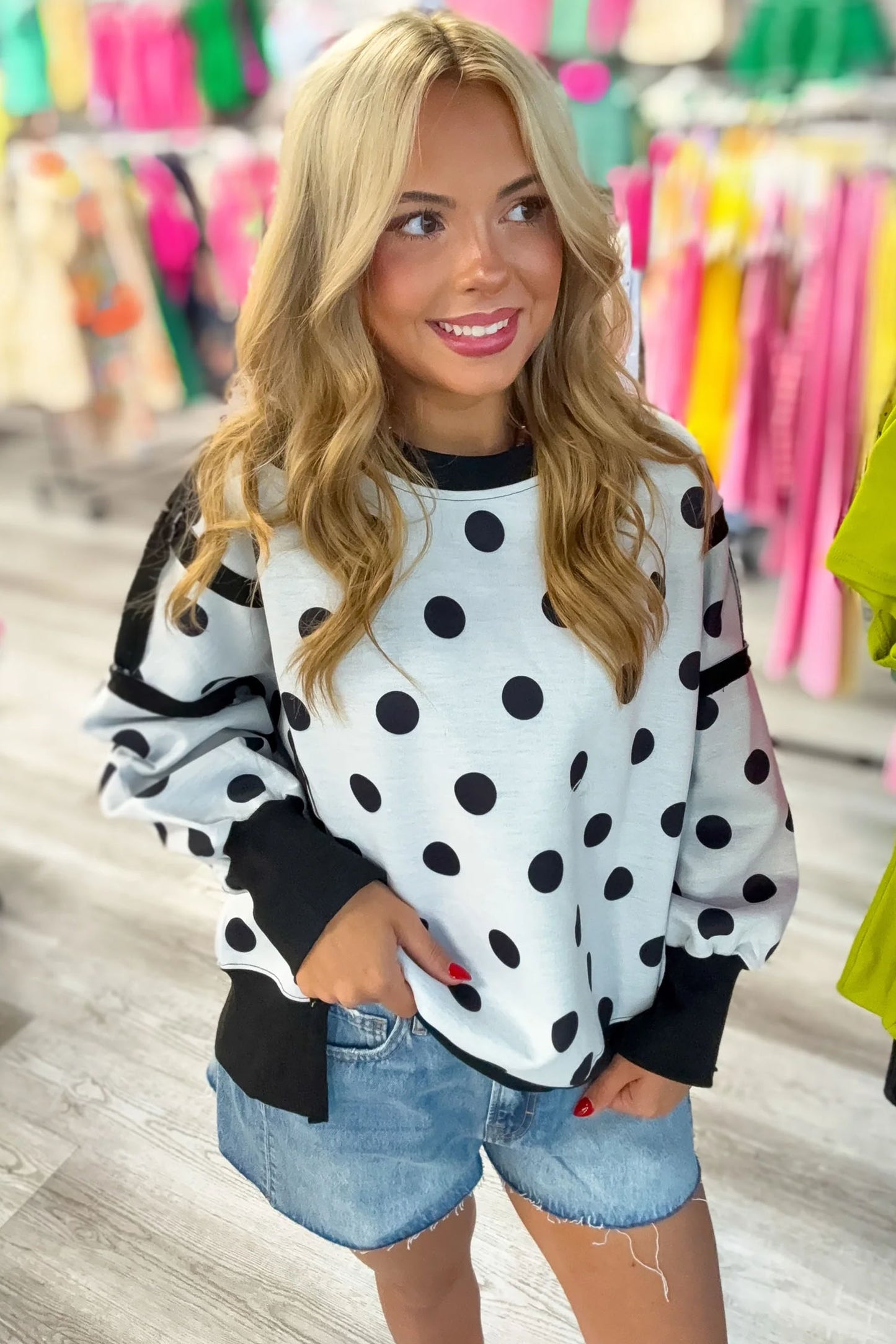 White Polka Dot Contrast Patchwork Round Neck Baggy Sweatshirt