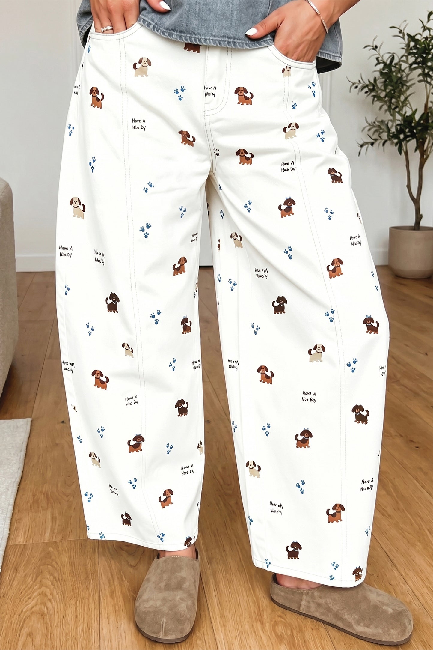 White Abstract Dog Print Wide Leg Full-Length Jeans
