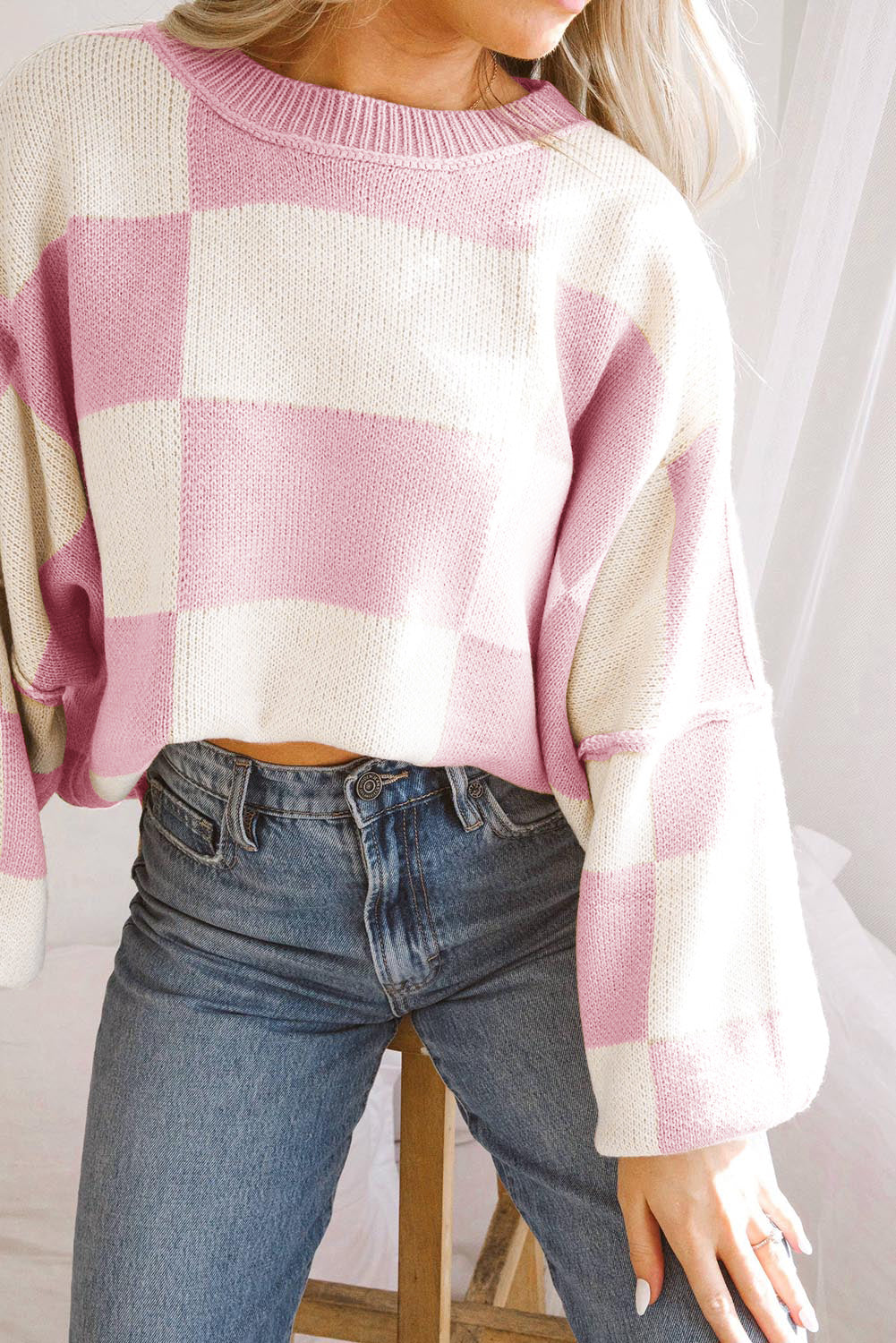 Rosy Checkered Bishop Sleeve Sweater