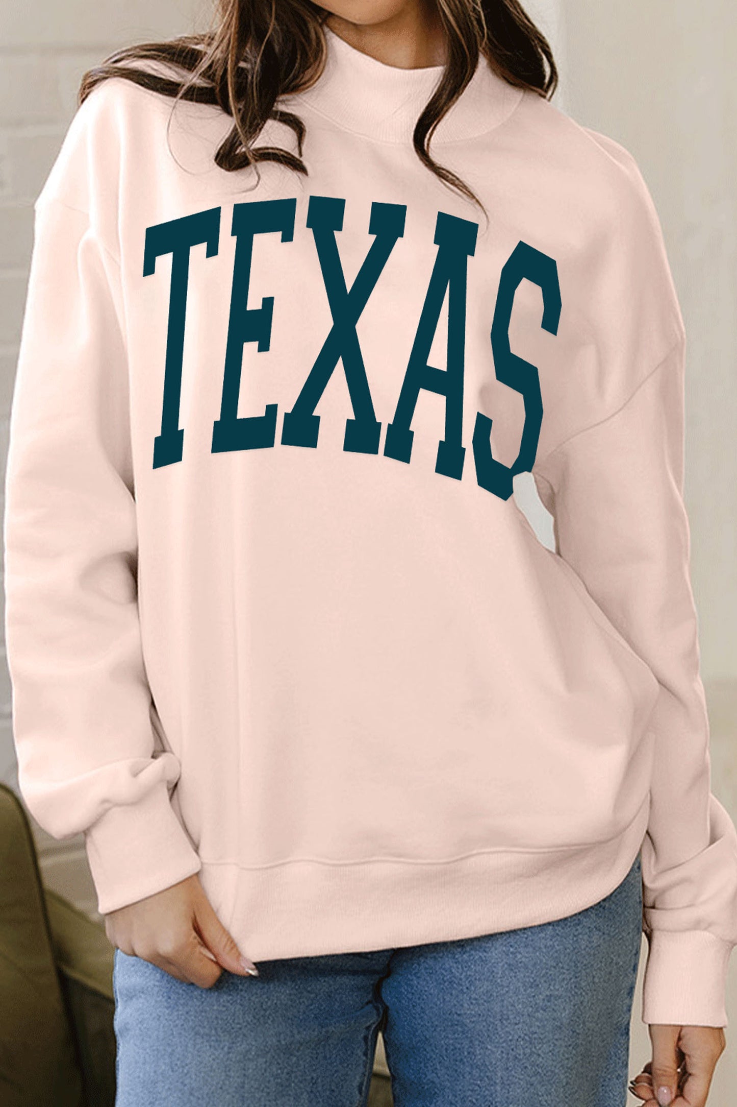 Apricot Pink TEXAS Letter Printed Mock Neck Baggy Sweatshirt
