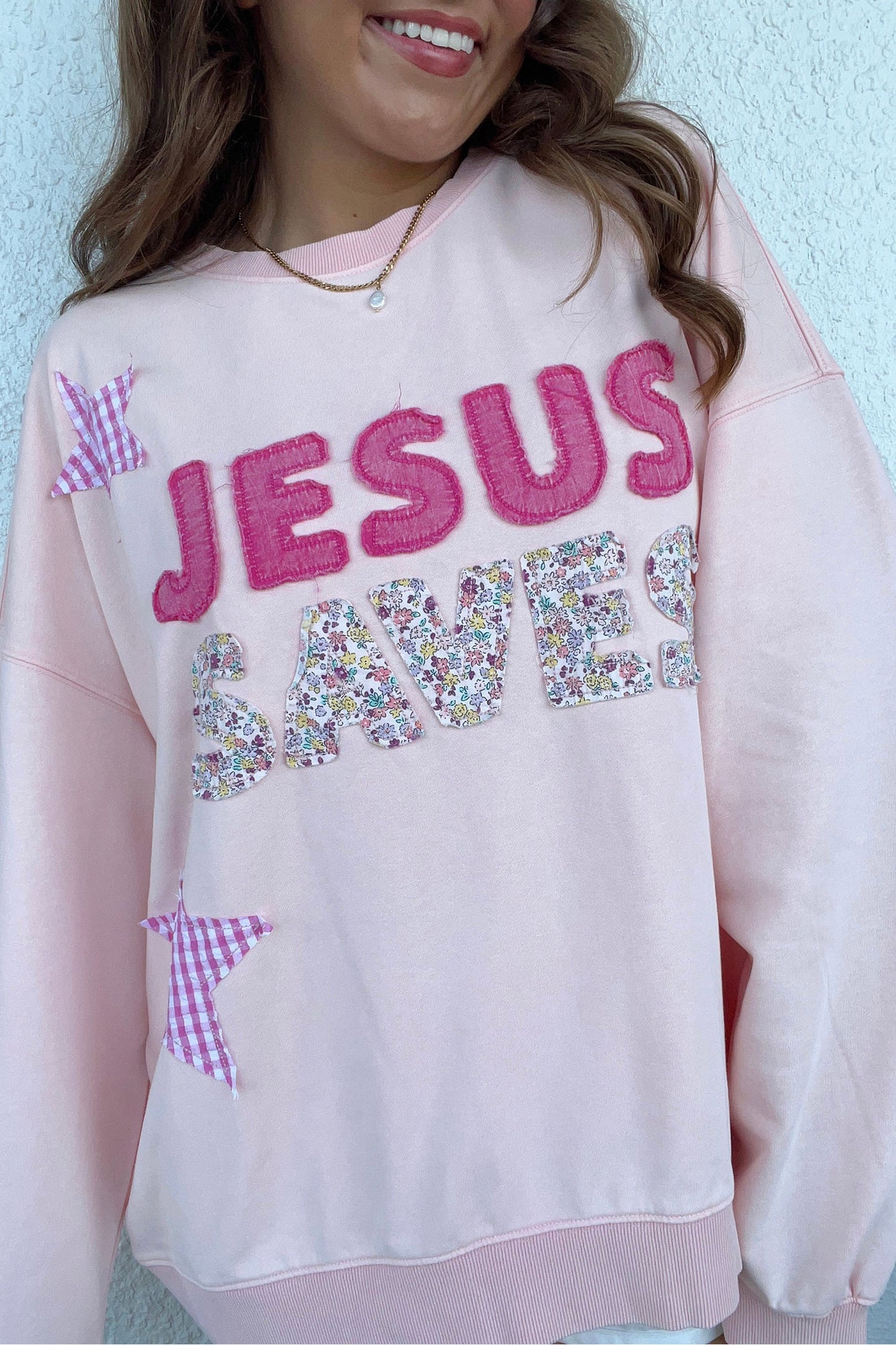 Pink Patchwork Stars Plaid Unique Floral Letters Baggy Sweatshirt