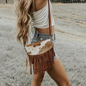 Cowhide and Tan Suede Fringe Western Purse Crossbody