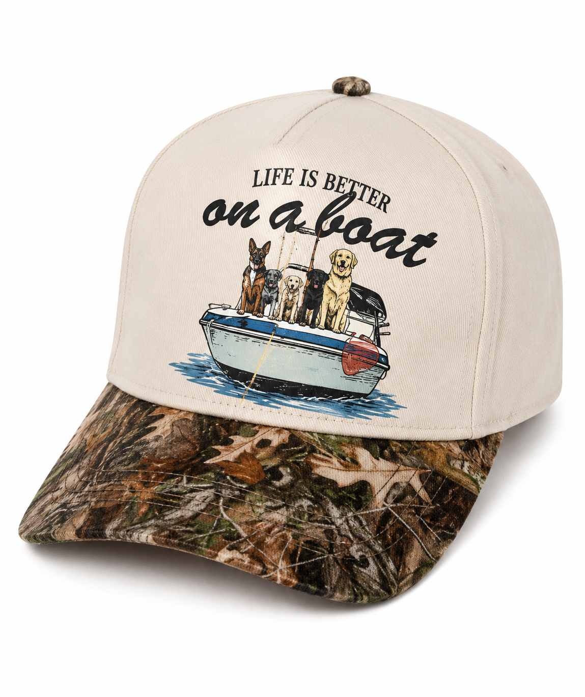 Life is Better on a boat camo trucker hat pre order