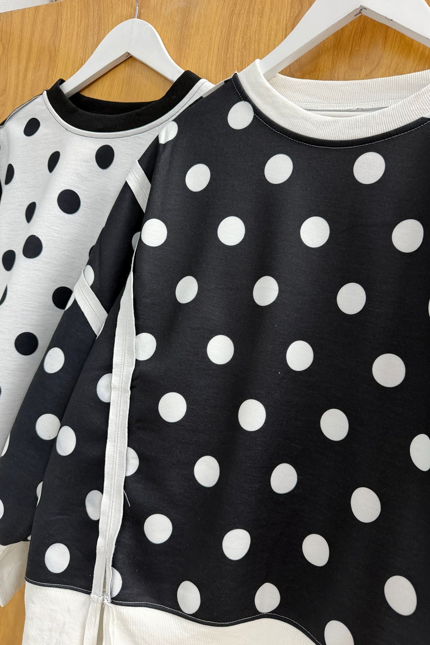White Polka Dot Contrast Patchwork Round Neck Baggy Sweatshirt