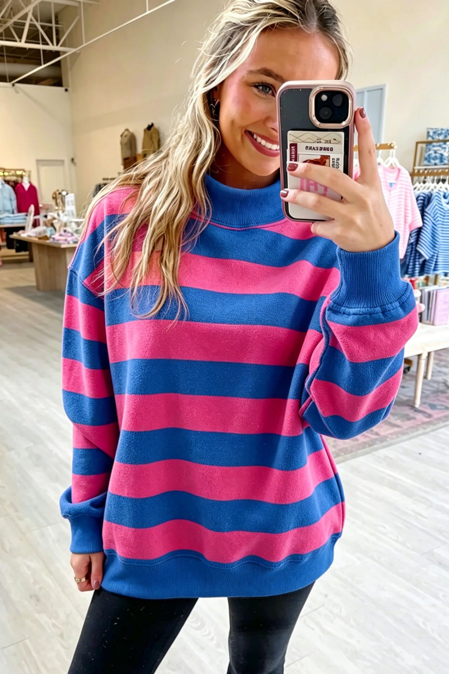 Rose Stripe Colorblock Mock Neck Relaxed Sweatshirt