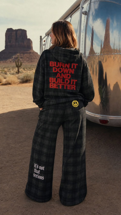 Burn it down and build it better Plaid Color Block Hoodie