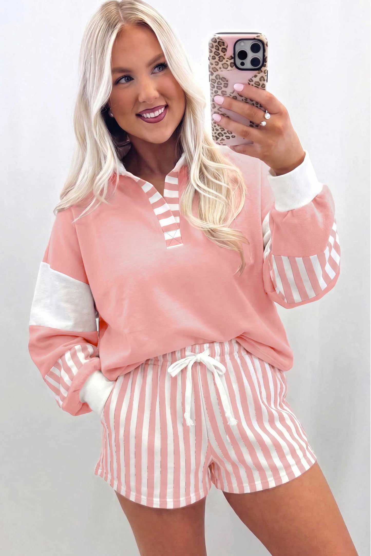 Smoke Green Striped Color Block Pullover Top Drawstring Shorts Set