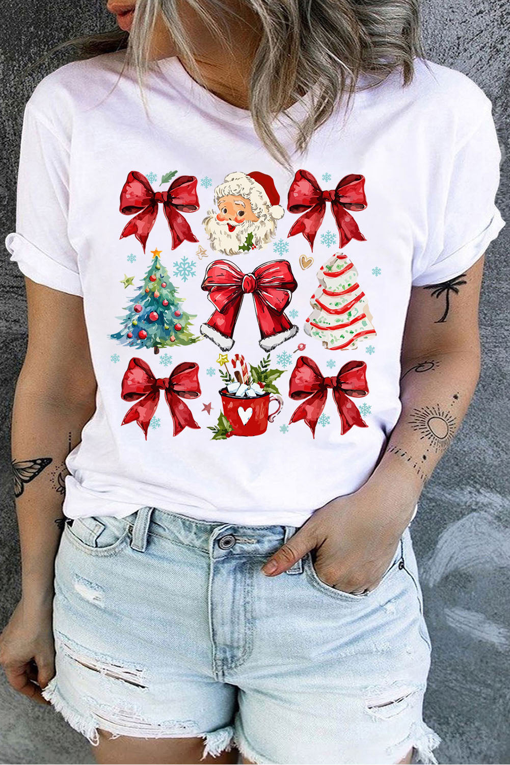 White Christmas Tree Santa Claus Bowknot Graphic Plus Size T Shirt