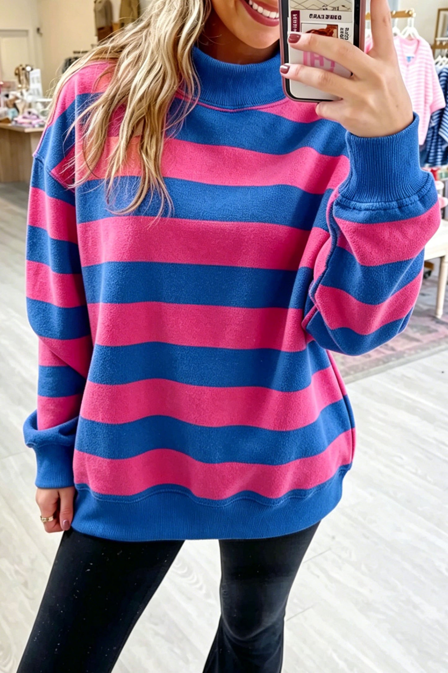 Rose Stripe Colorblock Mock Neck Relaxed Sweatshirt