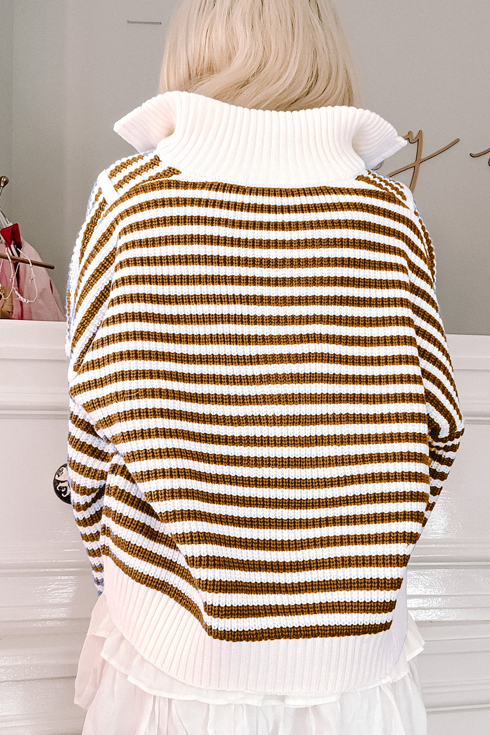 Black Stripe Zip up Collar Drop Shoulder Sweater