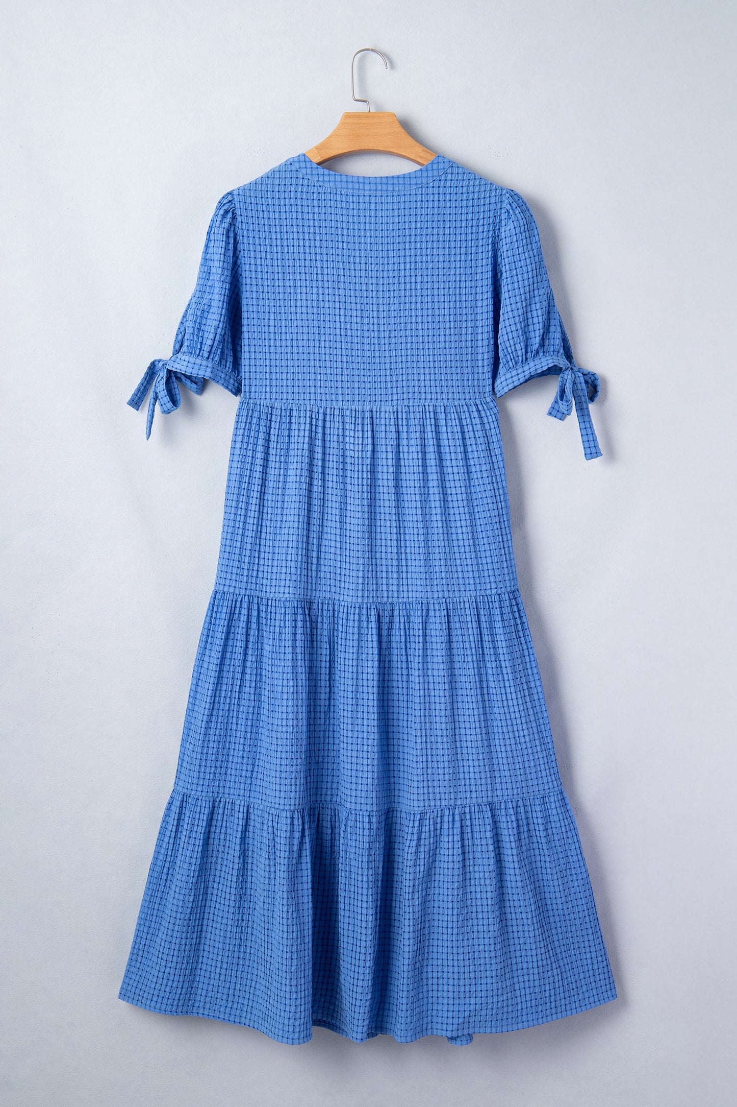 Yellow Gingham Textured Bow Tie Short Sleeve Tiered Midi Dress