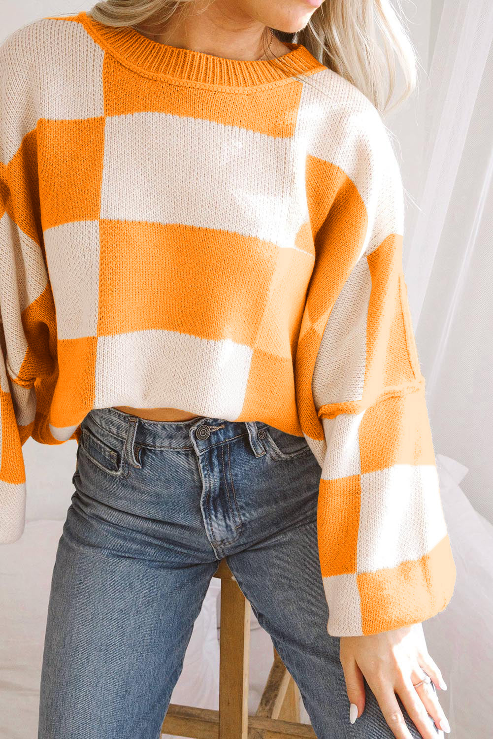 Rosy Checkered Bishop Sleeve Sweater