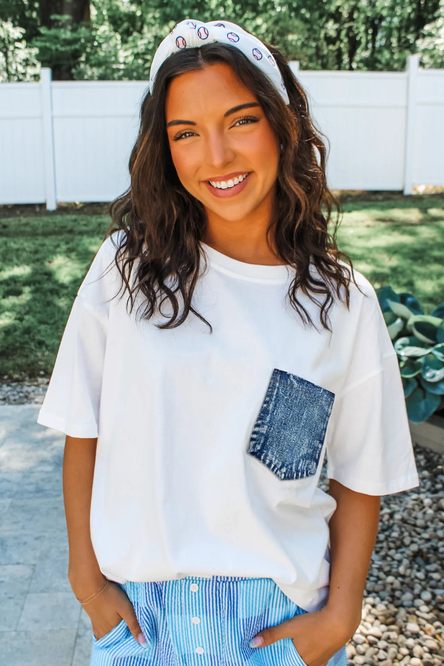 Sail Blue Color Block Chest Pocket Patched Casual Short Sleeve Top