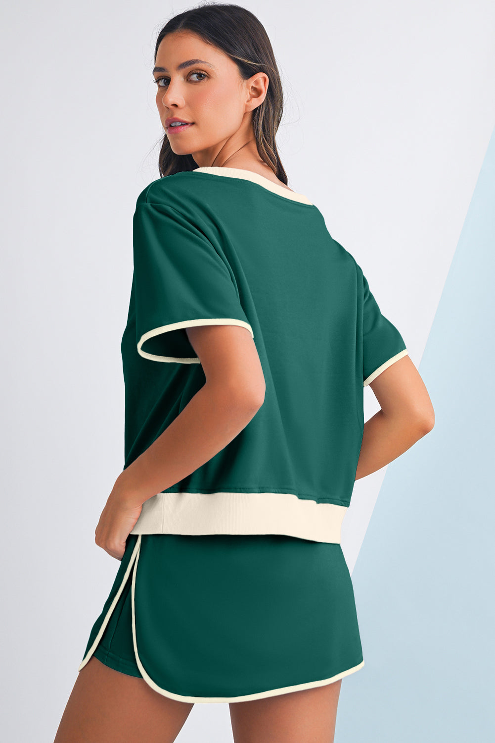 Black Colorblock Edge Drop Shoulder T Shirt and Skort 2Pcs Set