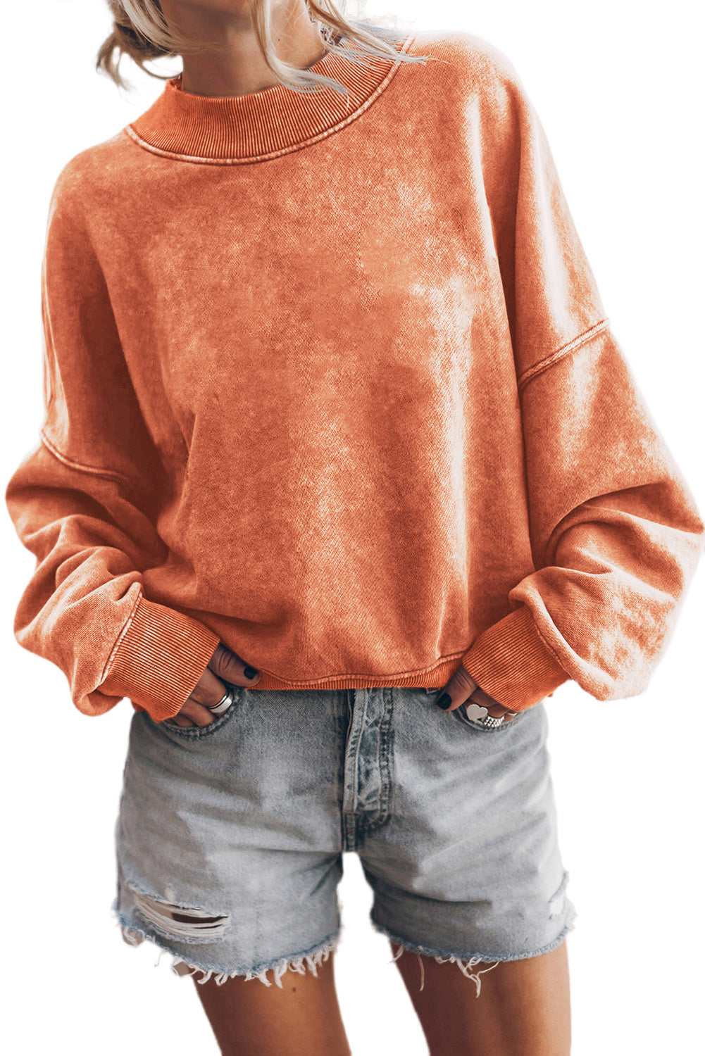 Blue Plain Drop Shoulder Crew Neck Pullover Sweatshirt