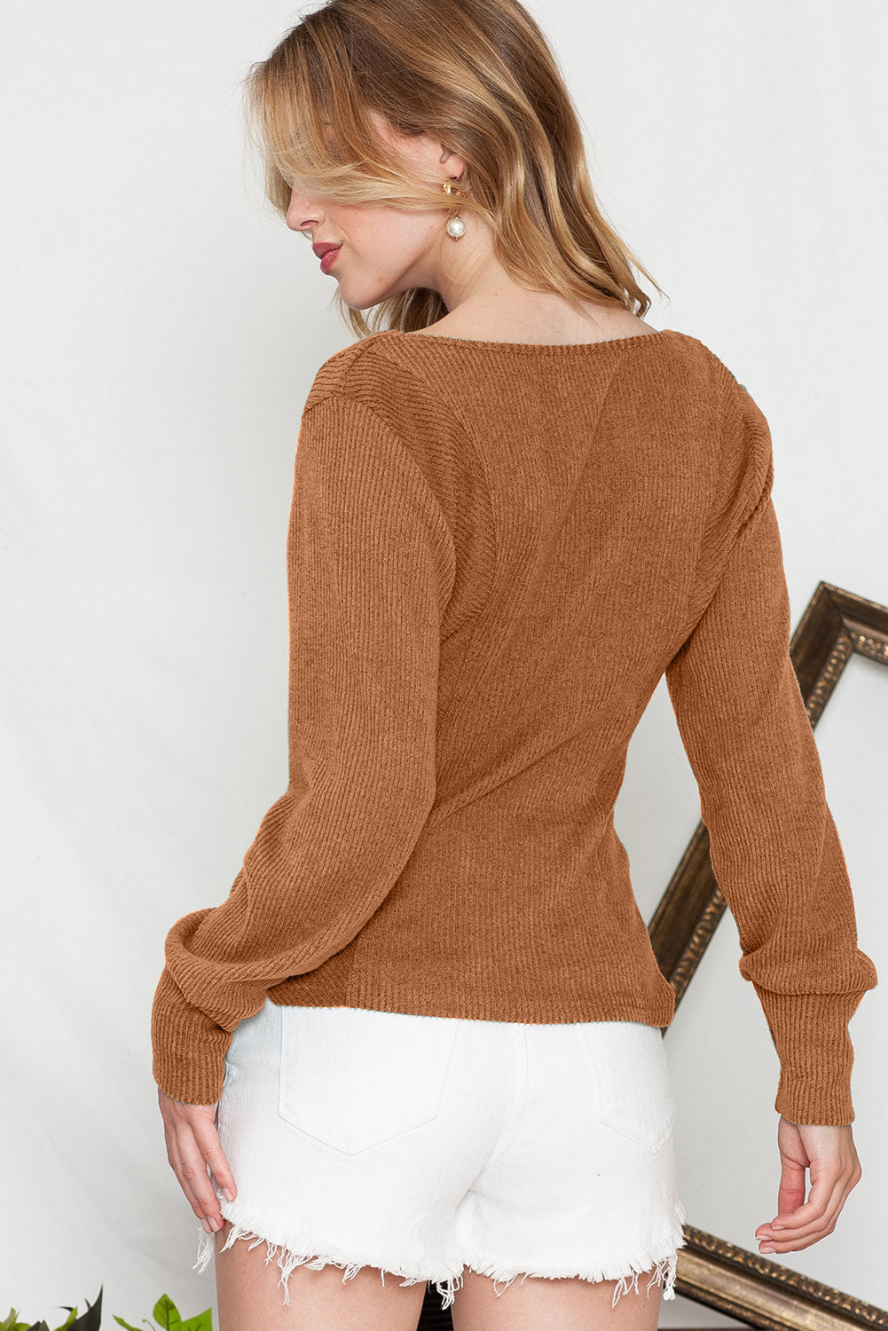 U Neck Textured Long Sleeve Top