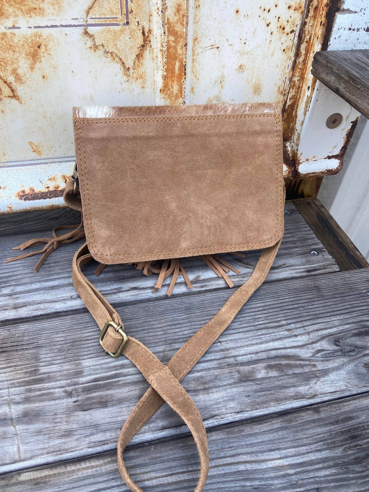 Cowhide and Tan Suede Fringe Western Purse, Crossbody