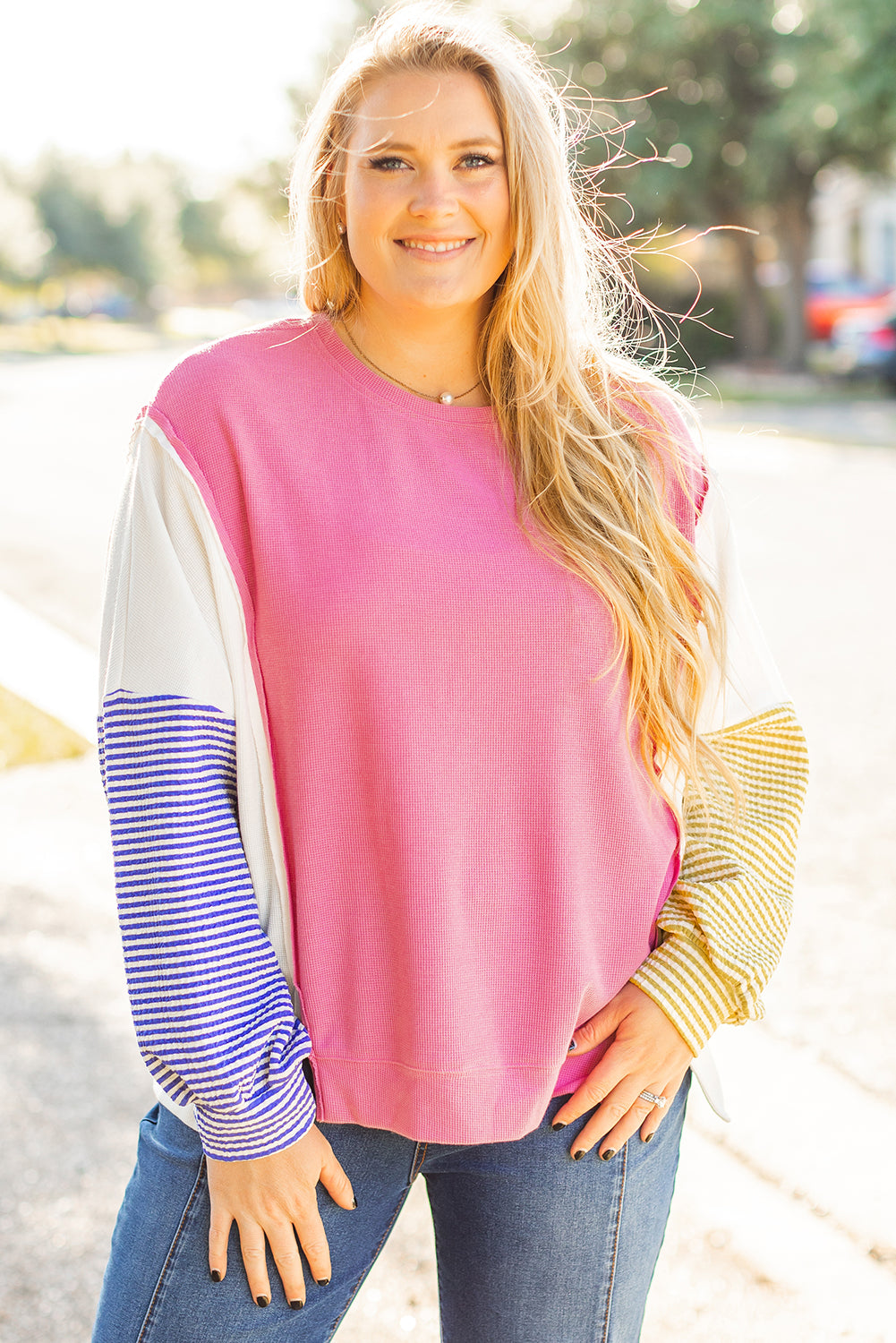 Striped Puff Sleeve Plus Size Top