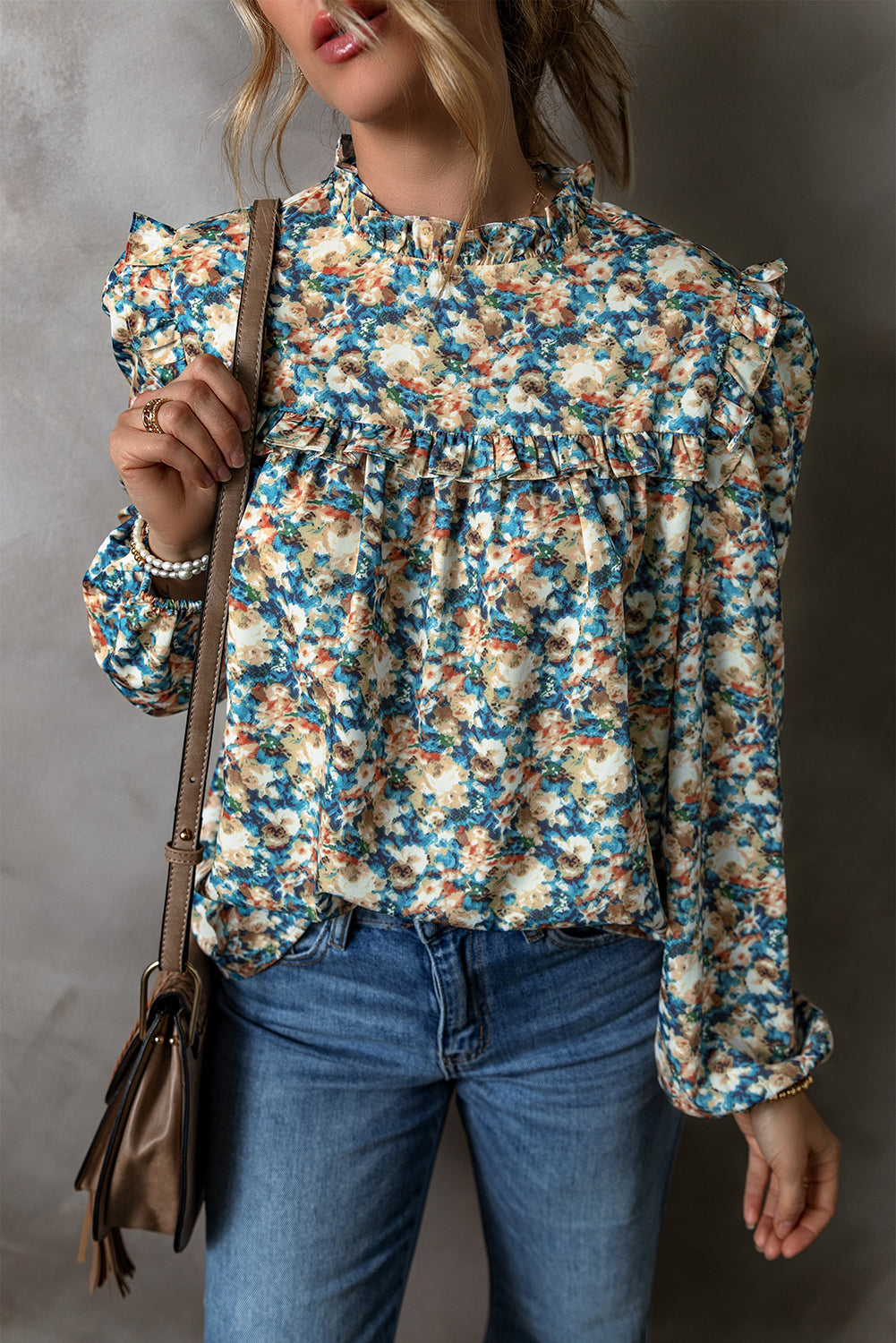 Sky Blue Floral Print Frilled Mock Neck Puff Sleeve Blouse