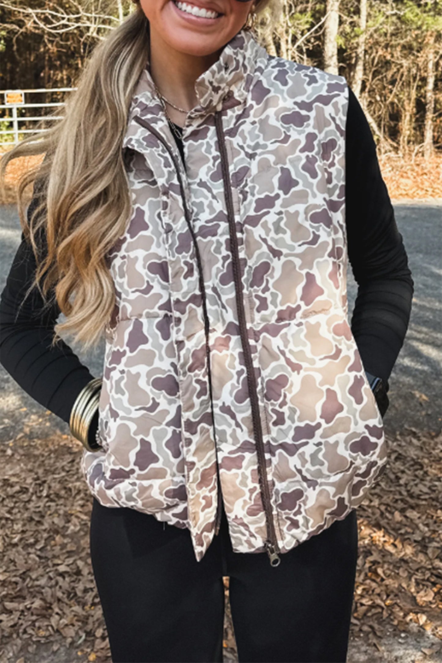 Multicolour Camouflage Puffer Zip-up Stand Neck Sleeveless Vest