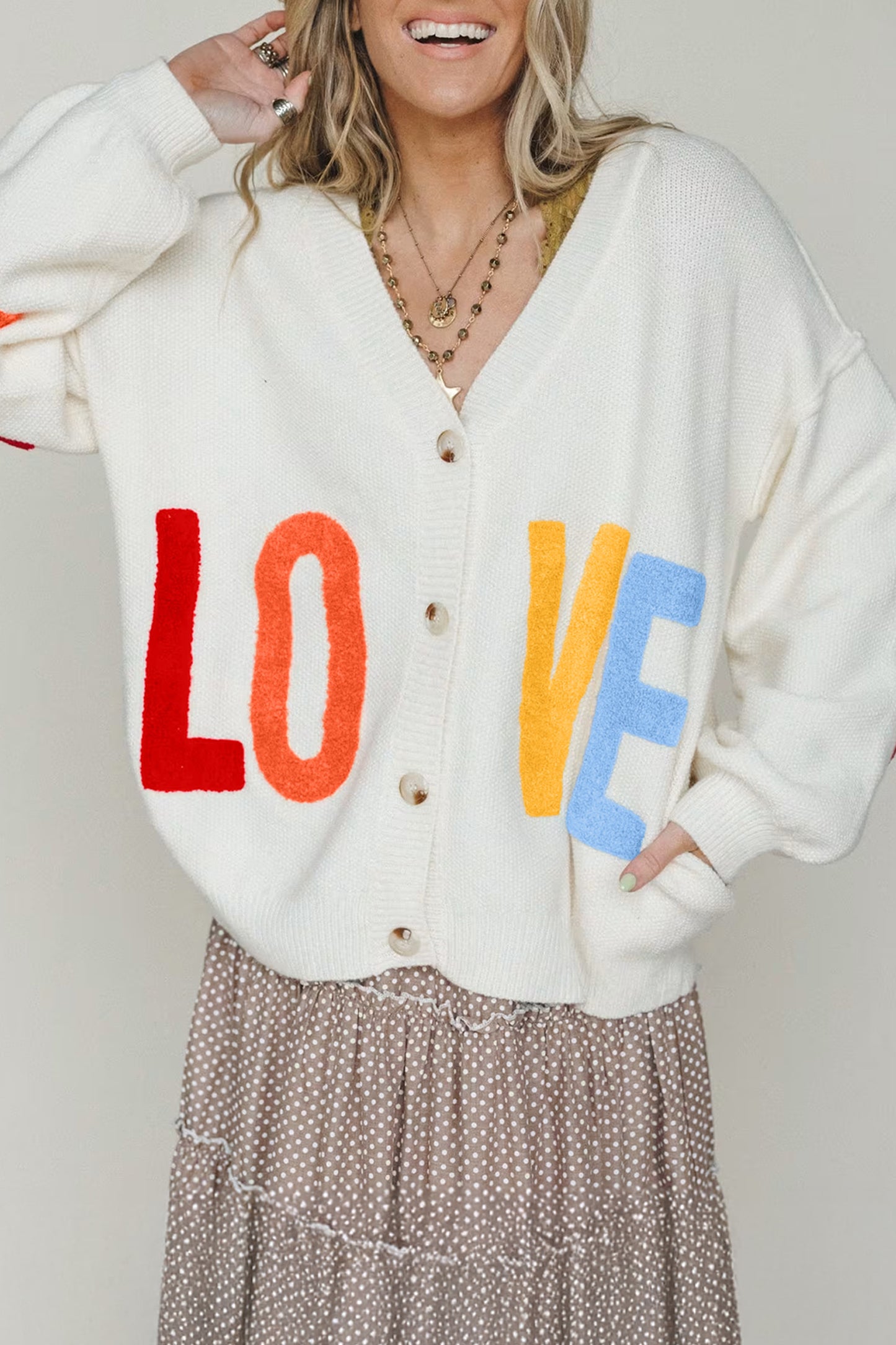 White V Neck Drop Shoulder Button Up Slogan Knit Cardigan