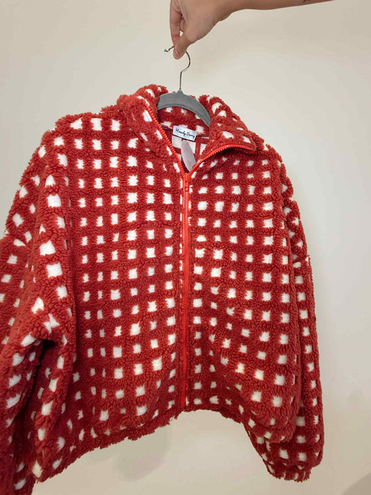 Fleece Checkered Puff Sleeve Bomber Jacket