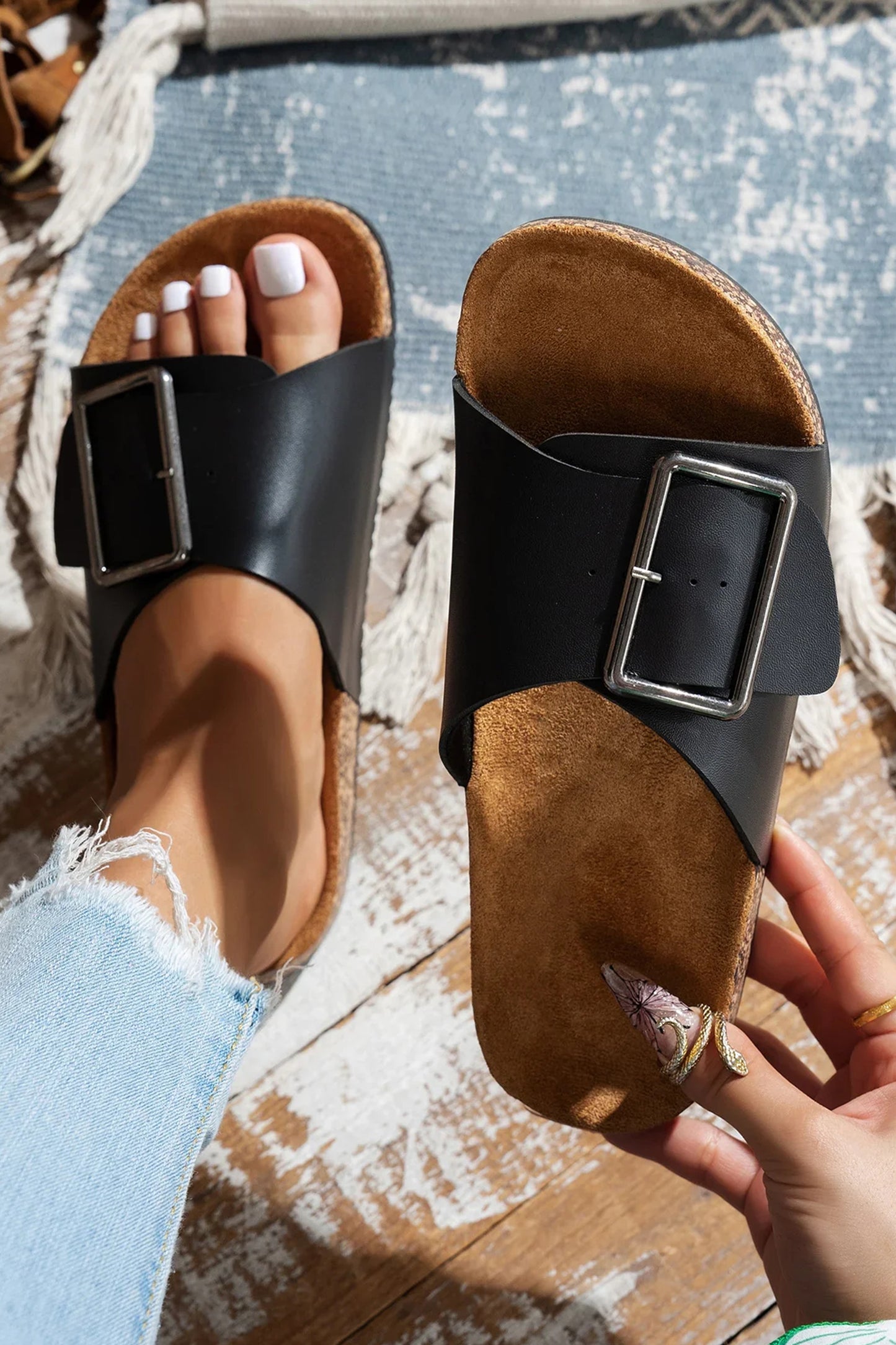 Buckle Strap Flat Slippers