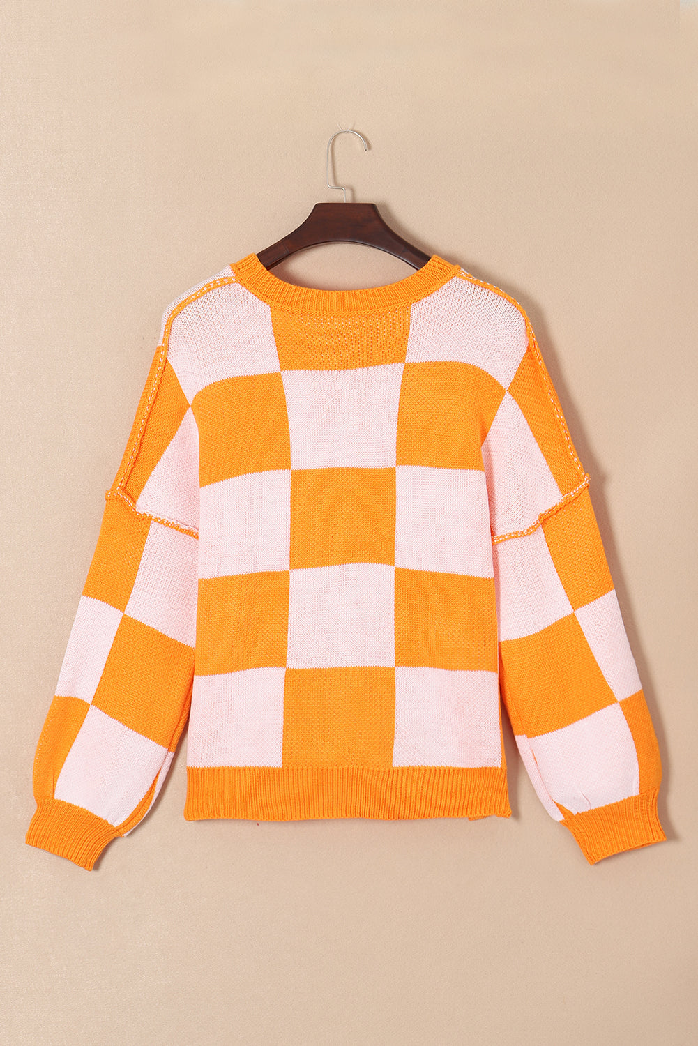 Rosy Checkered Bishop Sleeve Sweater