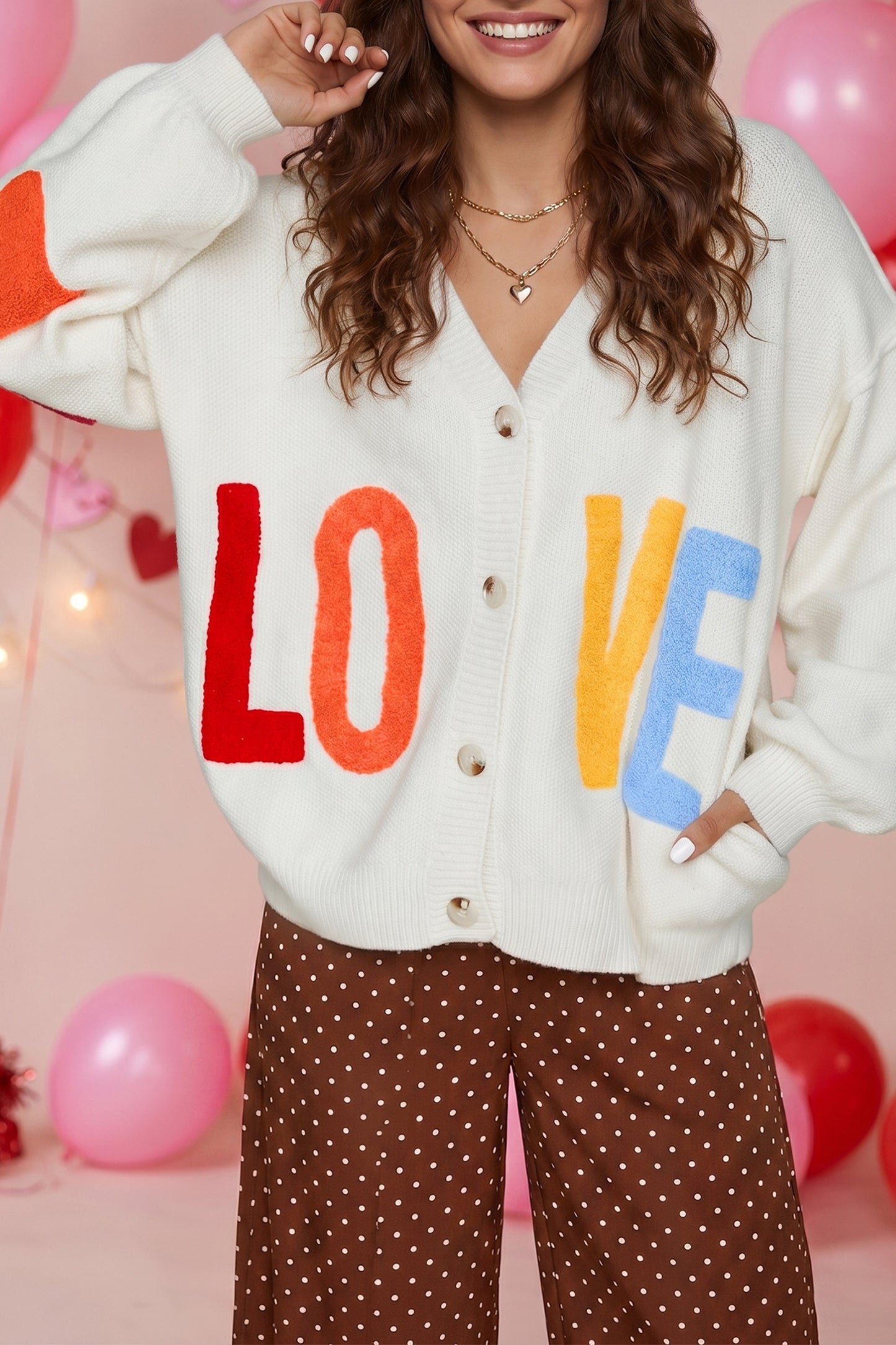White V Neck Drop Shoulder Button Up Slogan Knit Cardigan
